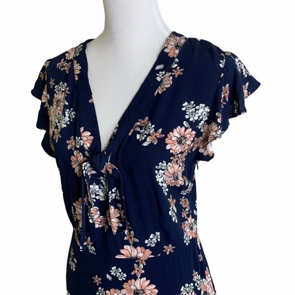 Cupcakes and Cashmere Navy Floral Neck Tie Ruffle Cap Sleeve Mini Dress Womens 6 - Picture 6 of 10